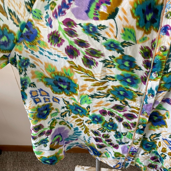 Johnny Was Cotton Ikat Bloom Shirred Yoke Floral Relaxed Drop Shoulder Blouse - Picture 10 of 16